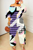 Purple Graphic Print Off Shoulder Long Sleeve Casual Outings Harlan Jumpsuit