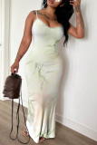 Green Floral Print Off Shoulder Sleeveless Backless Spaghetti Strap Casual Outings Bodycon Maxi Slip Dress