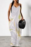 Dark Pink Geometric Print Deep V Neck Sleeveless Backless Spaghetti Strap Casual Outings Straight Loose Maxi Slip Dress