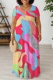 Rose Red Graphic Print O Neck Short Sleeve Floor Length Casual Outings Straight Loose Maxi Dresss