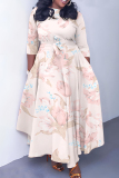 White Graphic Print O Neck 3/4 Sleeve Casual Daily Plus Size Pleated Maxi Dress