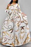 White Flowers Striped Print O Neck Nine Points Sleeve Pocket With Belt Casual Outings Loose Maxi Dress