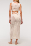 Off White Imitation Cotton Sleeveless Knit Cut-Outs Sheer Lace Up Swimwears Cover-Ups Vacation Beach Maxi Dresses