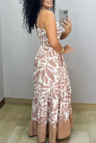 Khaki Leaf Print Sleeveless Spaghetti Strap Floor Length Loose Casual Pleated Vacation Maxi Dress