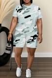 Light Green Butterfly Graphic Print O Neck Short Sleeve T Shirt and Shorts Casual Outings Plus Size Two Piece Short Set