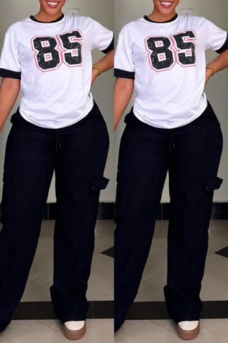 Black Digital Print O Neck Short Sleeve T Shirt and Baggy Cargo Pants Casual Outings Two Piece Matching Set
