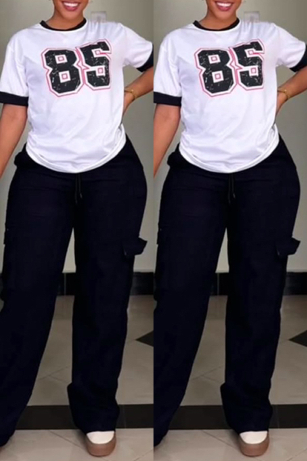 Black Digital Print O Neck Short Sleeve T Shirt and Baggy Cargo Pants Casual Outings Two Piece Matching Set