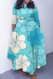 Light Purple Floral Print O Neck 3/4 Sleeve Casual Daily Plus Size Pleated Maxi Dress
