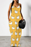 Blue Purple Cartoon Flowers Letters Print Deep V Neck Sleeveless Backless Spaghetti Strap Casual Outings Straight Loose Maxi Slip Dress