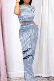 Light Blue Geometric Print O Neck Short Sleeve T Shirt and Pocket High Waist Wide Leg Pant Casual Outings Two Piece Trouser Set