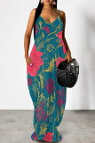 Blue Purple Floral Print Deep V Neck Sleeveless Backless Spaghetti Strap Casual Outings Straight Loose Maxi Slip Dress