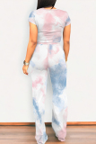 Light Blue Geometric Print O Neck Short Sleeve T Shirt and Pocket High Waist Wide Leg Pant Casual Outings Two Piece Trouser Set