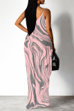 Dark Pink Geometric Print Deep V Neck Sleeveless Backless Spaghetti Strap Casual Outings Straight Loose Maxi Slip Dress
