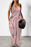 Dark Pink Geometric Print Deep V Neck Sleeveless Backless Spaghetti Strap Casual Outings Straight Loose Maxi Slip Dress