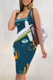 Dark Blue Graphic Print U Neck Sleeveless Spaghetti Strap Casual Summer Outings Bodycon Tank Midi Dresses