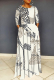 Green Floral Print O Neck 3/4 Sleeve Floor Length Casual Outings Straight Loose Maxi Dresss