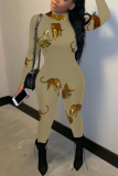 Grey Animal Print Half A Turtleneck Long Sleeve Casual Outings Plus Size Skinny Jumpsuit