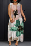 Green Floral Print O Neck Off Shoulder Sleeveless Casual Outings Plus Size Straight Loose Maxi Dresss