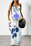 White Floral Cartoon Print V Neck Sleeveless Spaghetti Strap Pocket Casual Outings Straigh Loose Maxi Slip Dress