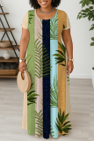 Rose Red Graphic Print O Neck Short Sleeve Floor Length Casual Outings Straight Loose Maxi Dresss