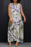 Dark Green Floral Print O Neck Sleeveless Ankle Length Casual Outings Straight Loose Pleated Maxi Dress