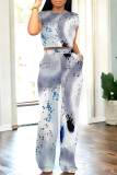 Light Blue Geometric Print O Neck Short Sleeve T Shirt and Pocket High Waist Wide Leg Pant Casual Outings Two Piece Trouser Set