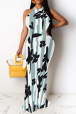Light Khaki Flowers Stripe Geometric Print O Neck Sleeveless Casual Outings Straight Loose Maxi Dress