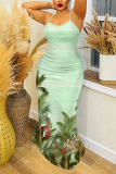 Light Green Floral Print Off Shoulder Sleeveless Backless Spaghetti Strap Casual Outings Bodycon Maxi Slip Dress