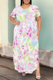 Light Blue Geometric Print V Neck Short Sleeve Pocket Side Slit Casual Outings Plus Size Straight Loose Maxi Dress