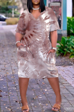 Light Pink Graphic Print V Neck Short Sleeve Knee Length Casual Daily Plus Size Straight Loose T Shirt Dress