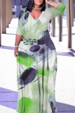 Light Green Geometric Print V Neck 3/4 Sleeve Lace Up Casual Outings Baggy Maxi Dress
