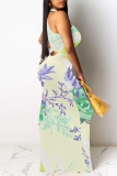 Light Khaki Flowers Stripe Geometric Print O Neck Sleeveless Casual Outings Straight Loose Maxi Dress