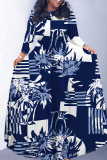 White Flowers Striped Print O Neck Nine Points Sleeve Pocket With Belt Casual Outings Loose Maxi Dress