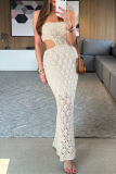 Yellow Imitation Cotton Hollow Out Side Slit Ruched Cover-Ups Vacation Beach Maxi Dresses