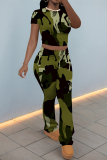 Grey Green Camouflage Print O Neck Short Sleeve T Shirt and Pocket High Waist Wide Leg Pant Casual Outings Two Piece Trouser Set