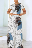 Light Blue Geometric Print O Neck Short Sleeve T Shirt and Pocket High Waist Wide Leg Pant Casual Outings Two Piece Trouser Set