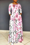 Green Floral Print O Neck 3/4 Sleeve Floor Length Casual Outings Straight Loose Maxi Dresss