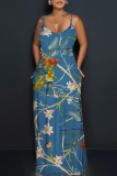 Blue Plants Print Sleeveless Backless Spaghetti Strap Floor Length Casual Outings Straight Loose Maxi Slip Dresss