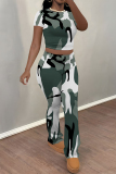 Grey Green Camouflage Print O Neck Short Sleeve T Shirt and Pocket High Waist Wide Leg Pant Casual Outings Two Piece Trouser Set