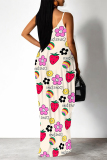 Blue Purple Cartoon Flowers Letters Print Deep V Neck Sleeveless Backless Spaghetti Strap Casual Outings Straight Loose Maxi Slip Dress