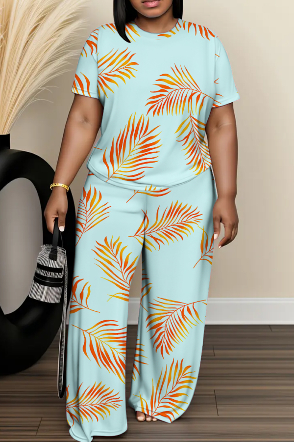 Light Blue Floral Butterfly Print O Neck Short Sleeve T Shirt and Wide Leg Pant Casual Outings Plus Size Two Piece Pant Set