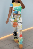 Black Graffiti Print O Neck Short Sleeve T Shirt and Pocket High Waist Wide Leg Pant Casual Outings Two Piece Trouser Set