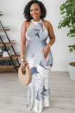 Light Khaki Flowers Stripe Geometric Print O Neck Sleeveless Casual Outings Straight Loose Maxi Dress