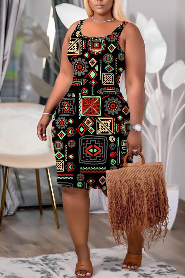 Blue U Neck Sleeveless Knee Length Casual Outings Plus Size Bodycon Tank Midi Dress