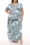 Light Blue Geometric Print V Neck Short Sleeve Pocket Side Slit Casual Outings Plus Size Straight Loose Maxi Dress
