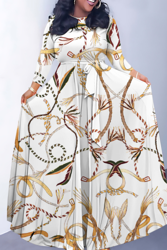 White Flowers Striped Print O Neck Nine Points Sleeve Pocket With Belt Casual Outings Loose Maxi Dress
