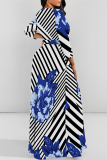 White Flowers Striped Print O Neck Nine Points Sleeve Pocket With Belt Casual Outings Loose Maxi Dress