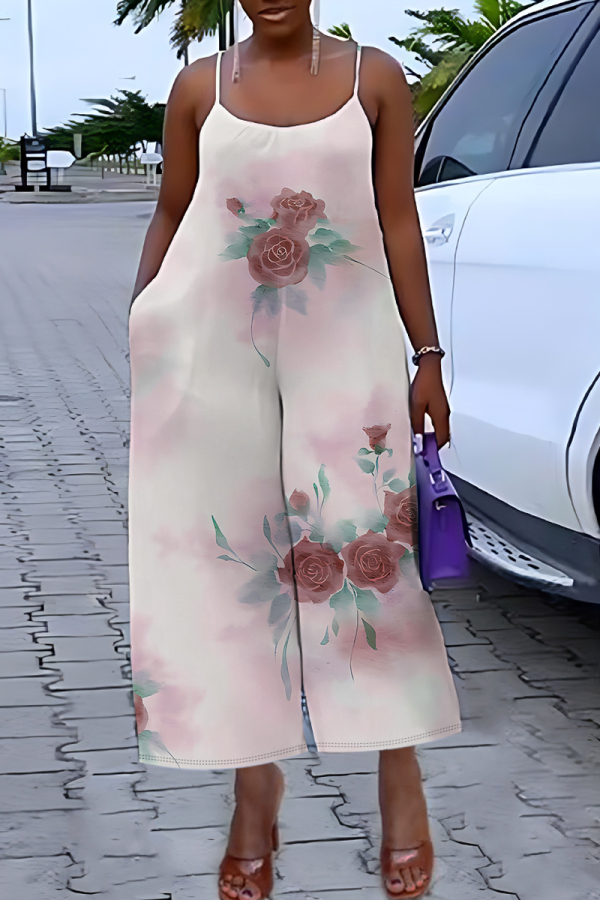 Pink Floral Print Off Shoulder Sleeveless Backless Spaghetti Strap Causl Outing Cami Jumpsuit