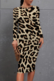 Purple Leopard Floral Print O Neck Long Sleeve Casual Outings Bodycon Midi Dress