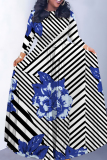 White Flowers Striped Print O Neck Nine Points Sleeve Pocket With Belt Casual Outings Loose Maxi Dress